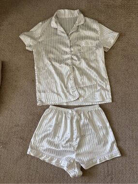 SHEIN White Satin Short Sleeve Button-Up Pajama Set